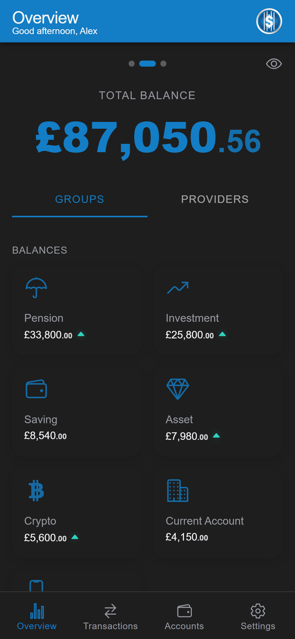 The Stashly overview screen: a total balance broken into category cards