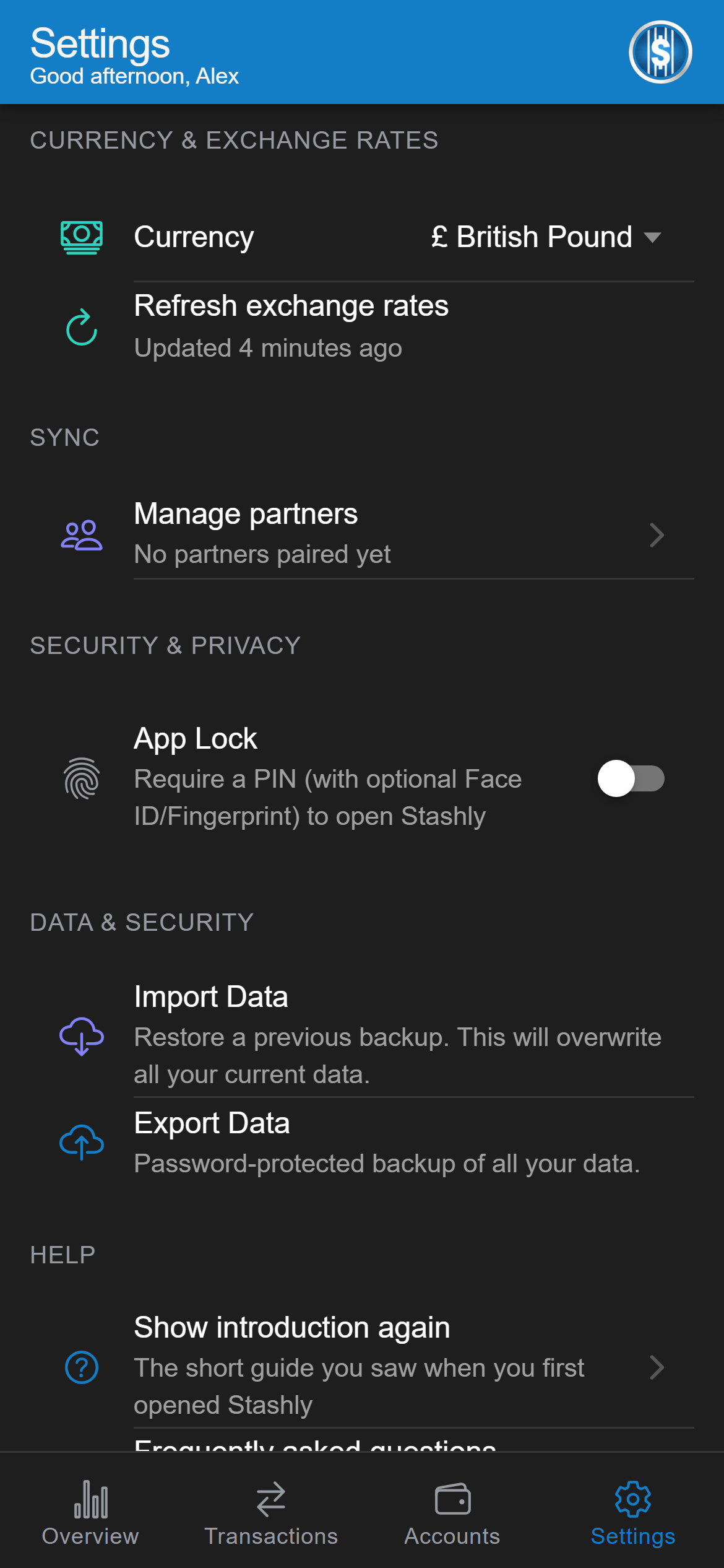 Stashly's security settings: app lock with PIN and biometrics, and encrypted export